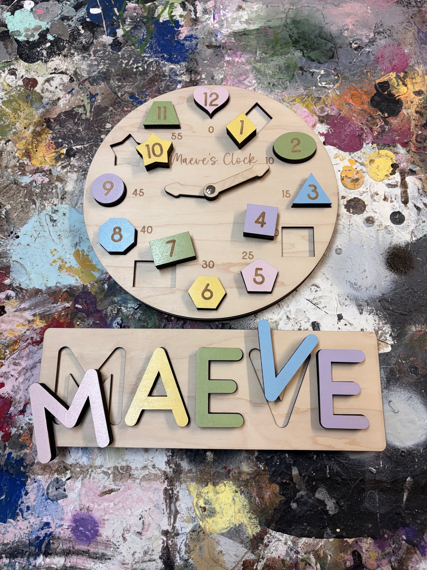 Child's Wooden Puzzle Clock and Name Puzzle Combo