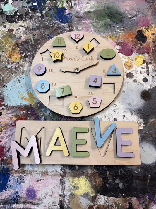 Child's Wooden Puzzle Clock and Name Puzzle Combo