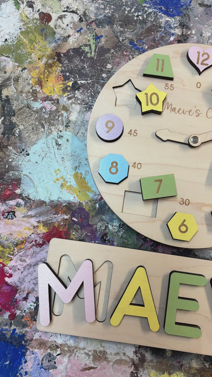Child's Wooden Puzzle Clock and Name Puzzle Combo